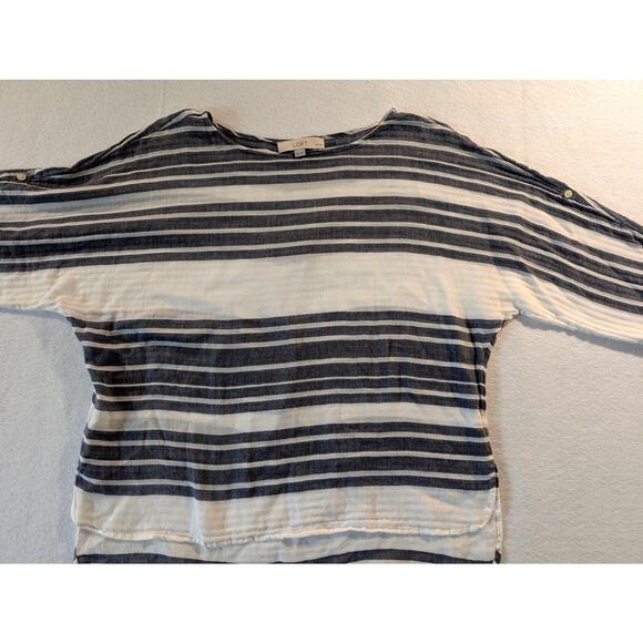 Loft Petite Striped Cotton Blouse‎ Blue White Size Medium Button-Tab Sleeves - Picture 1 of 6